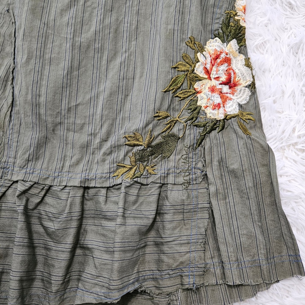 3J Workshop Olive Green Pinstripe Floral Embroidered Asymmetrical Midi Skirt 6 - Picture 2 of 10
